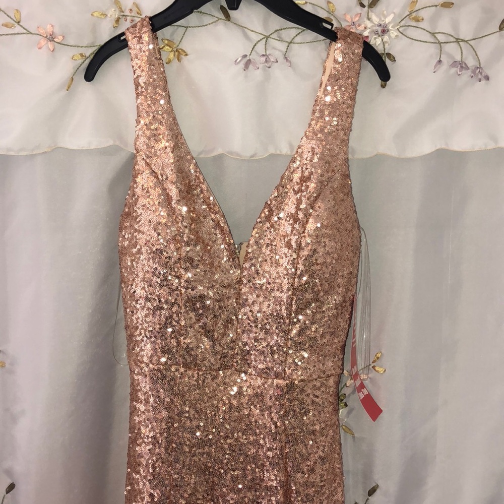 Long rose gold trumpet prom dress
